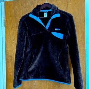 Patagonia Re-tool Snap-T Polartec Fleece Pullover Brown Blue Trim Women’s NWOT